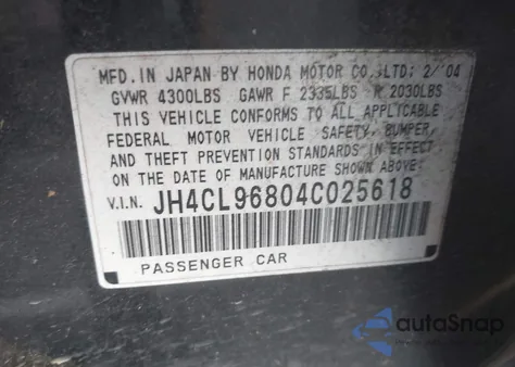 2004 Acura Tsx z USA, uszkodzony, nr VIN JH4CL96804C025618